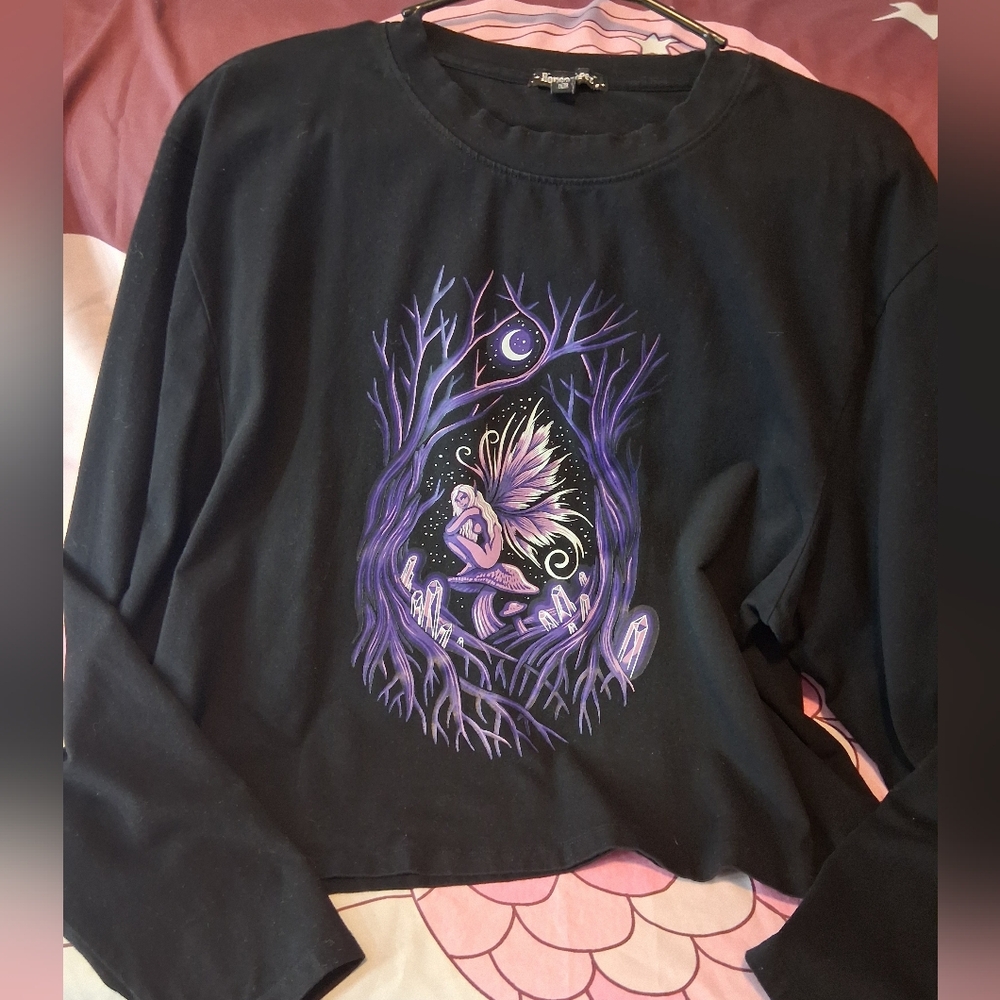 Black Long Sleeve Tee with Purple Fairy Design